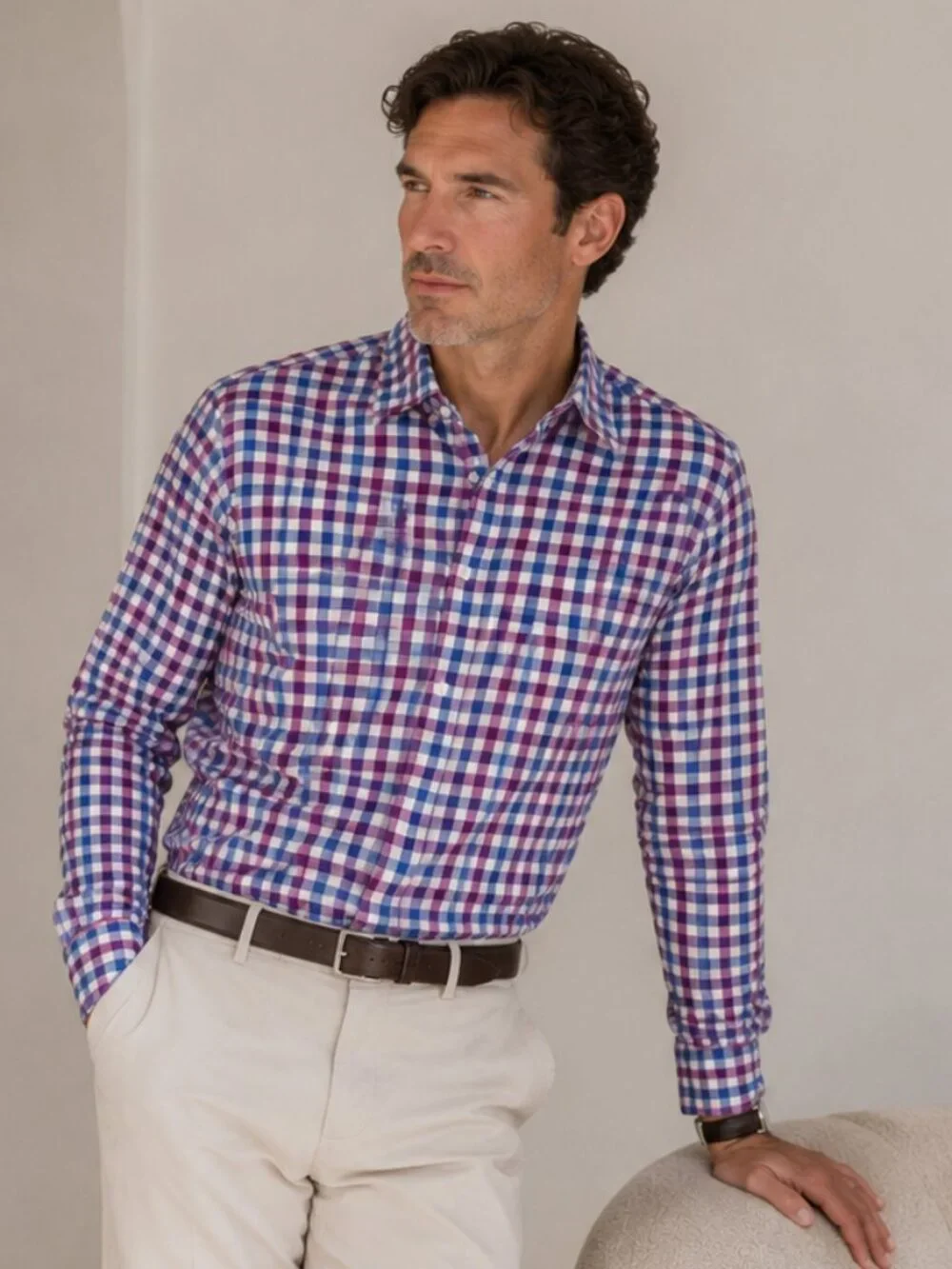Banana Republic Mens Gingham Plaid Long Sleeve Button Down Shirt Purple